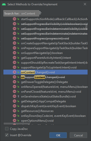 Select Method To Override In Android Studio